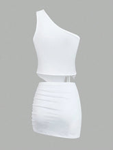 Women's One Shoulder Sleeveless Drawstring Top And Skirt Set